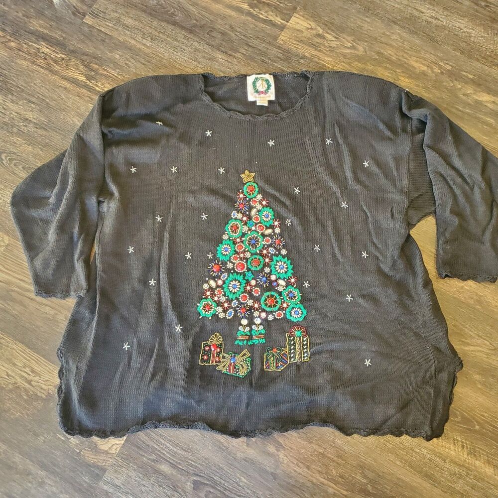 Vintage AK America Christmas 1994 Holiday Sweater Christmas Tree Embroidered